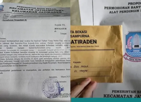 Lurah Jatiraden, Kota Bekasi mengedarkan surat permohonan pengadaan AC kepada pengusaha. (Sumber: Facebook/Eckha Luphcats Moslemorhohisis)