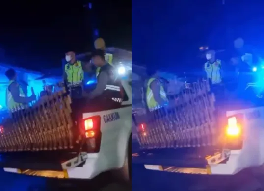 Momen unik sejumlah anggota polisi di Purbalingga membangunkan warga sahur dengan alat musik tradisional, angklung. (Sumber: Tangkap Layar Instagram/@medsoszone)