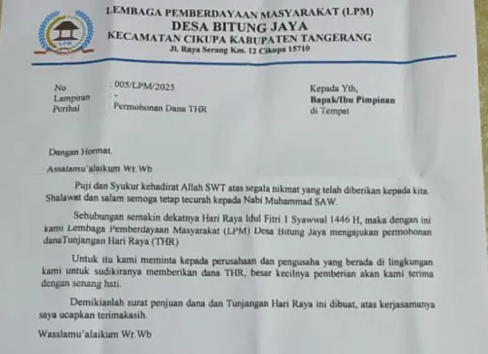 Beredar sebuah surat permohonan meminta THR dari salah satu Ormas di Tangerang kepada para pengusaha. (Sumber: X/@baco*tetangga)