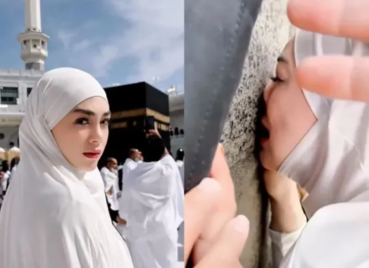 Resmi menjadi mualaf, Celine Evangelista bagikan momen haru saat umrah di Tanah Suci. (Sumber: Kolase/Fotojet)