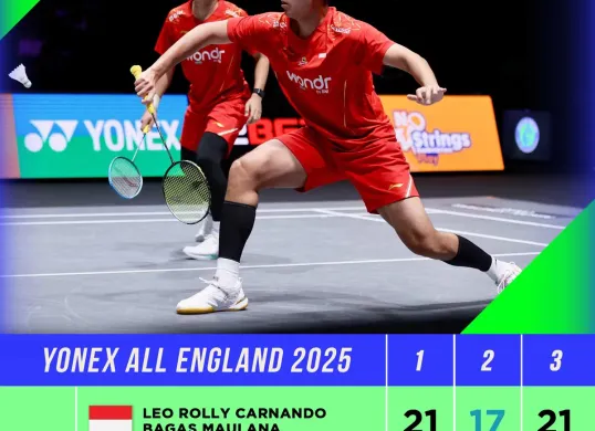 Leo Rolly Carnando/Bagas Maulana memastikan tempat di final All England 2025 setelah menundukkan Sabar Karyaman Gutama/Moh Reza Pahlevi Isfahani. (Sumber: @INABadminton)