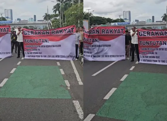 Aksi dukungan Gerakan Rakyat terhadap Revisi Undang-Undang Tentara Nasional Indonesia (TNI) di depan Gedung DPR, Senayan, Jakarta Pusat, Senin, 17 Maret 2025. (Sumber: Dok. Gerakan Rakyat)