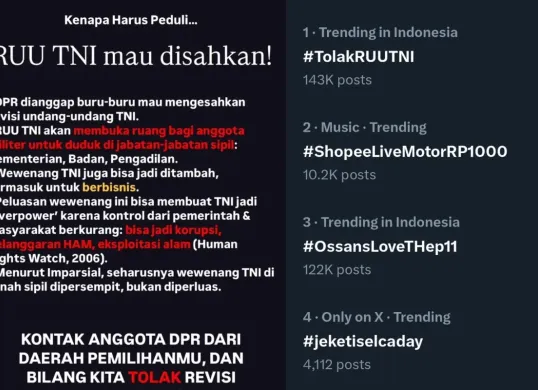 Ramai hastag tolag RUU TNI di X (Sumber: X/@rakjarmelawan)