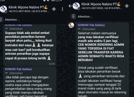 Ilustrasi bukti chat dugaan penipuan aplikasi WPONE. (Sumber: Facebook/WPONE Indonesia)