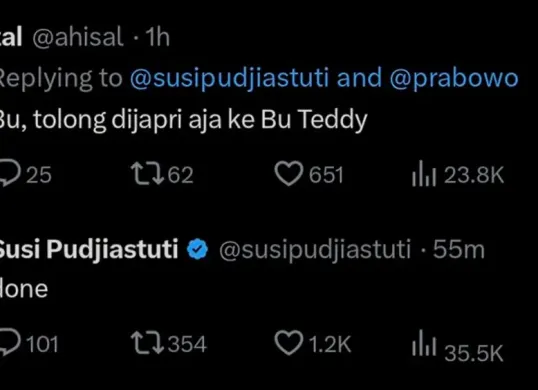 panggilan “Bu Teddy” trending usai Susi Pudjiastuti memberikan balasan soal pernyataan Hasan Nasbi yang kontroverional.(Sumber: X/@warmsterdam)