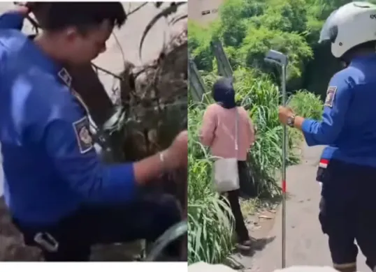 Momen petugas Damkar membantu seorang wanita mencarikan HP yang dibuang saat bertengkar dengan kekasihnya. (Sumber: Tangkap Layar Instagram/@mood.jakarta)