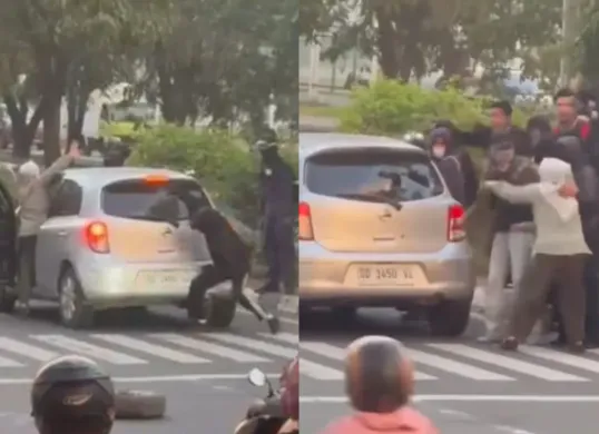 Mobil yang melintas milik ibu-ibu dirusak oleh segerombolan pria berpakaian hitam saat memperingati Hari Buruh atau May Day di Kota Makassar. (Sumber: Tangkap Layar Instagram/@medsoszone)