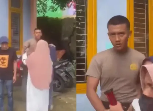 Momen seorang oknum polisi mengancam warga di Ternate dengan membawa sajam. (Sumber: Tangkap Layar Instagram/@funnelmedia)