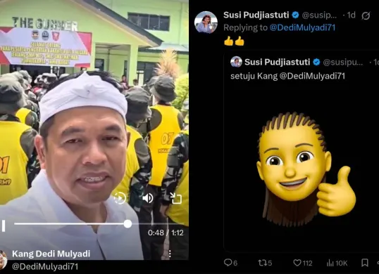Gubernur Jabar, Dedi Mulyadi mendapat acungan jempol dari Susi Pudjiastuti saat membagikan kondisi siswa di barak militer. (Sumber: Tangkap layar X/@DediMulyadi71)