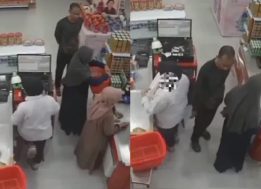 Aksi pelecehan seksual terhadap kasir oleh pelanggan di supermarket Situbondo terekam kamera CCTV. (Sumber: Tangkap Layar Instagram/@funnelmedia)