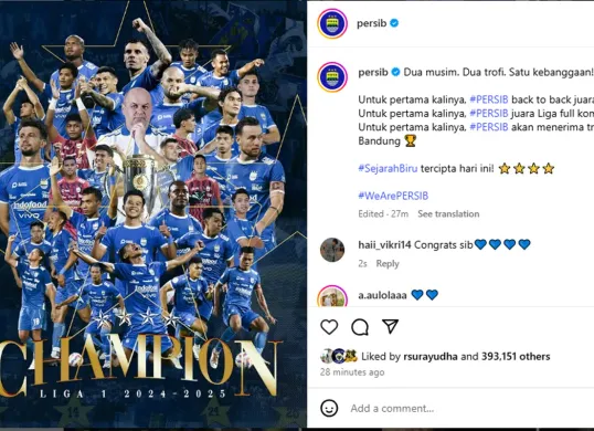 Tangkap layar postingan akun Instagram Persib setelah Maung Bandung memastikan gelar juara Liga 1 musim ini.