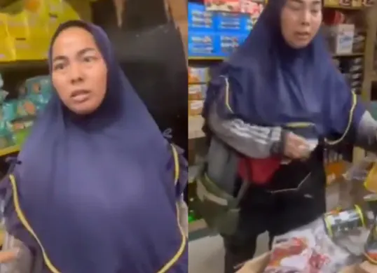 Seorang ibu-ibu terciduk pemilik toko maling kaleng sarden diduga selama dua tahun aksinya dilakukan hingga toko mengalami kerugian ratusan juta rupiah. (Sumber: Tangkap Layar X/@lambepakturah)