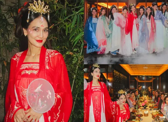 Potret bridal shower Luna Maya dengan mengenakan busana Tiongkok. (Sumber: Instagram/@lunamaya.)