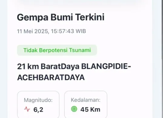 Gempa M6,2 guncang Aceh pada 11 Mei 2025, berpusat di darat 21 km barat daya Blangpidie. Tiga gempa susulan terjadi, tanpa potensi tsunami. Getaran terasa hingga Medan. (Sumber: Dok BMKG)