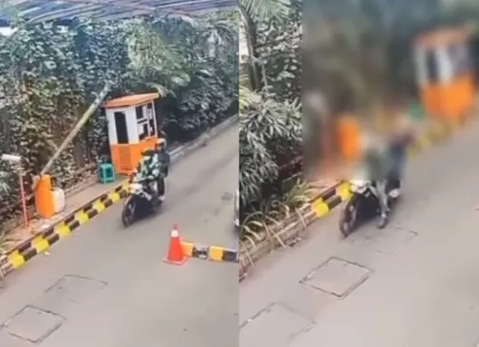Driver ojol lalai hingga mengakibatkan penumpangnya menjadi korban terhantam palang parkir. (Sumber: Tangkap Layar Instagram/@jabodetabek24info)