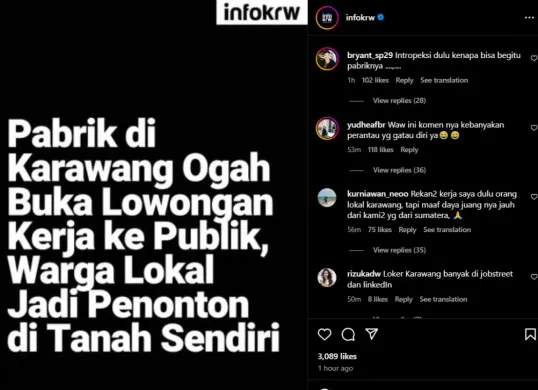 Viral warganet menduga perusahaan dan pabrik di Karawang enggan membuka lowongan pekerjaan. (Sumber: Instagram?@infokrw)
