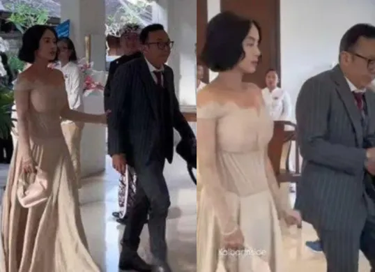 Potret Dearly Desiana yang mendampingi Ari Lasso di pernikahan Luna Maya dan Maxime Bouttier. (Sumber: TikTok/@svntnelvn)