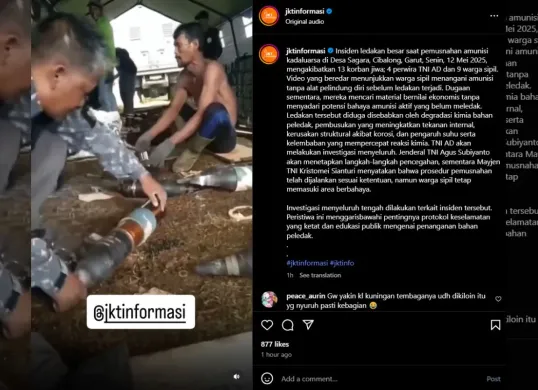 Rekaman viral yang menunjukan warga sipil diduga melakukan penanganan amunisi kedaluwarsa tanpa alat pelindung. (Sumber: Instagram/@jktinformasi)