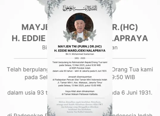 Mayjen TNI (Purn.) Dr. (HC) H. Eddie Mardjoeki Nalapraya, tokoh militer dan budayawan terkemuka Indonesia, meninggal dunia pada Selasa, 13 Mei 2025 pagi, pukul 09.50 WIB di RSPI Pondok Indah, Jakarta. (Sumber: Istimewa)