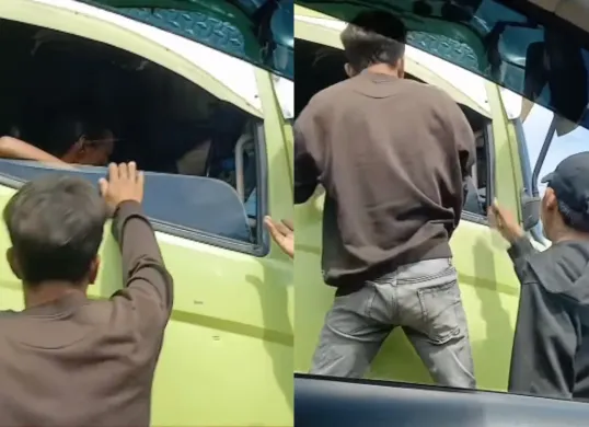 Dua orang preman melakukan pemalakan terhadap seorang sopir truk di Palembang. (Sumber: Tangkap Layar Instagram/@medsoszone)