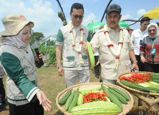 Menteri PPN/Kepala Bappenas Rahmat Pambudy didampingi Managing Director PT Ewindo, Glenn Pardede, saat meninjau tanaman produk benih Ewindo di Benteng, Purwakarta, Rabu, 14 Mei 2025. (Sumber: Poskota/Dadan Sukmana)