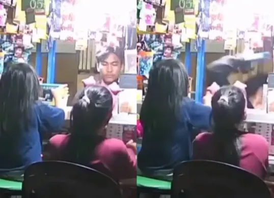 Aksi perampasan HP pemilik warung di Makassar oleh seorang pria yang berpura-pura membeli mie instan. (Sumber: Tangkap Layar Instagram/@medsoszone.id)