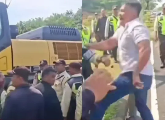 Viral beredar video yang memperlihatkan oknum ormas menghalangi jalan proyek di Kabupaten Bekasi berakhir ricuh. (Sumber: Tangkap layar Instagram/@medsoszone)