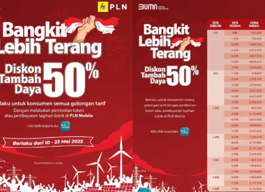 Dapatkan diskon 50 persen biaya tambah daya PLN melalui aplikasi. Syarat mudah dan berlaku hingga 23 Mei 2025. (Sumber: Instagram/@pln_id)