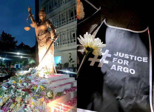 Potret tagar justice for Argo serta prosesi penebaran bunga di depan Fakultas Hukum UGM. (Sumber: X)