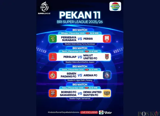 Jadwal BRI Super League Hari Ini Minggu 2 November 2025, Ada Persebaya vs Persis (Sumber: Instagram/sports.indosiar/Edited Muhammad Ibrahim)