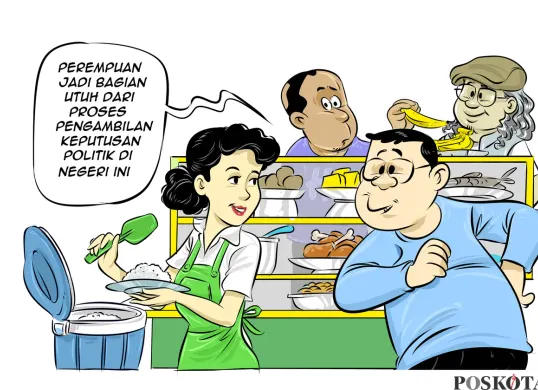 Ilustrasi obrolan di warteg tentang peran perempuan dalam politik. Perempuan bukan lagi pelengkap, melainkan bagian utuh dari proses pengambilan keputusan di negeri ini. (Sumber: Poskota/Arif Setiadi)
