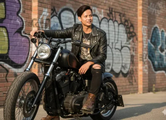 Hasil edit prompt Gemini AI foto cowok badboy menggunakan motor gede agar semakin stylish. (Sumber: Freepik/drobotdean)