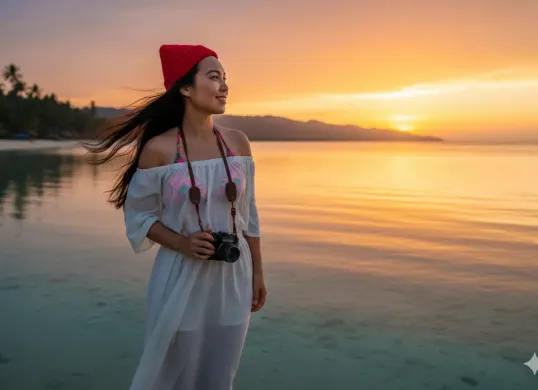 Hasil edit prompt Gemini AI terbaru foto wanita liburan di pantai Lombok. (Sumber: Freepik)