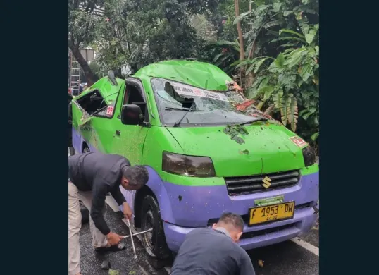Kondisi angkot yang ringsek tertimpa pohon tumbang di Jalan Raya Pajajaran, Kota Bogor. (Sumber: Dok BPBD Kota Bogor)