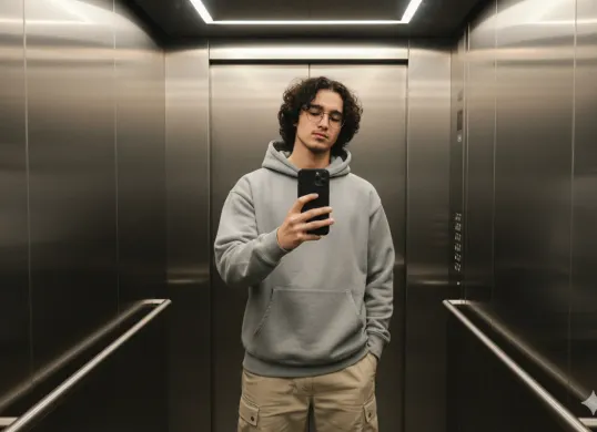 Hasil edit prompt Gemini AI foto cowok mirror selfie pakai iPhone 17 Pro Max di lift yang ganteng maksimal. (Sumber: Freepik/user18526052)