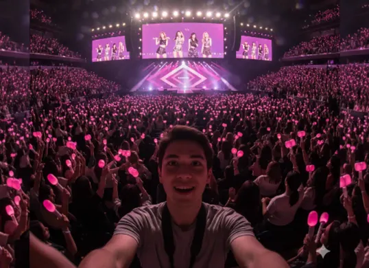 Dengan Gemini AI, Anda bisa membuat foto realistis seolah-olah sedang berada di konser K-pop. (Sumber: Poskota/Gemini AI Generated)