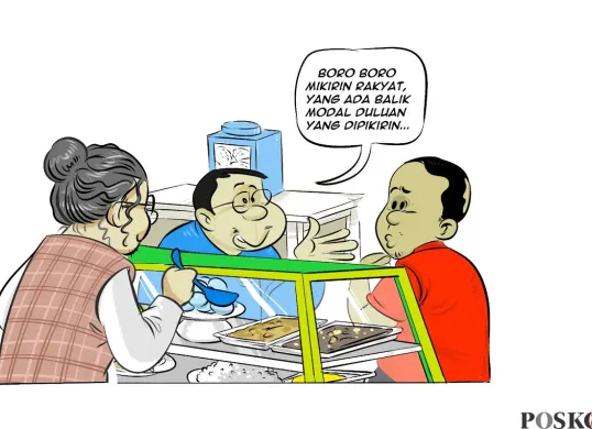 Ilustrasi obrolan warteg yang menyinggung isu kepala daerah yang lebih fokus “balik modal” daripada memikirkan kepentingan rakyat. (Sumber: Poskota/Arif Setiadi)
