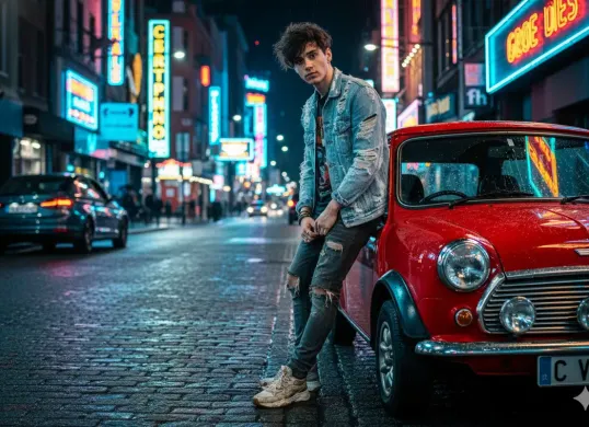 Hasil edit prompt Gemini AI foto cowok skena dengan mobil Mini Cooper jadi lebih keren. (Sumber: Freepik/stockking)