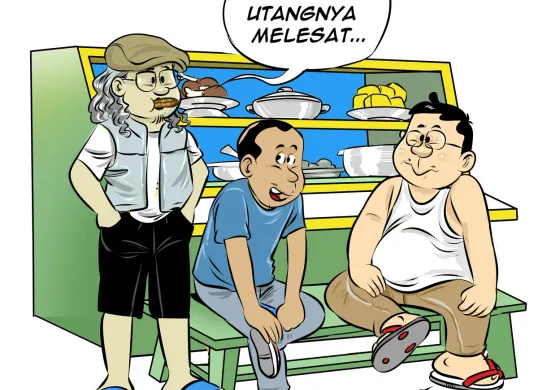 Ilustrasi obrolan warteg tiga sahabat berbincang menyoroti polemik beban utang proyek Kereta Cepat Whoosh, yang terus menjadi perdebatan publik. (Sumber: Poskota/Arif Setiadi)