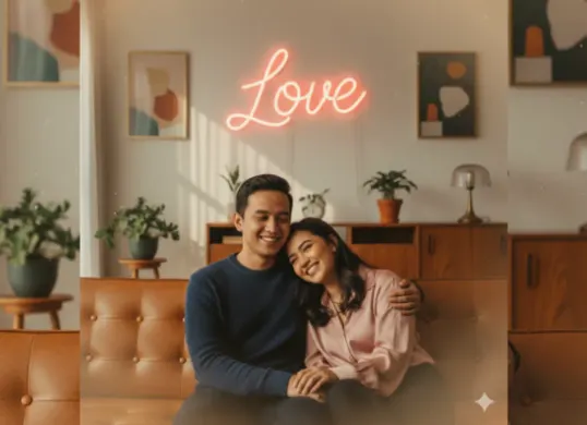Kumpulan prompt Gemini AI ini dirancang khusus untuk pose rangkulan romantis ala photobox, hanya modal foto dan deskripsi teks. (Sumber: Poskota/Gemini AI Generated)