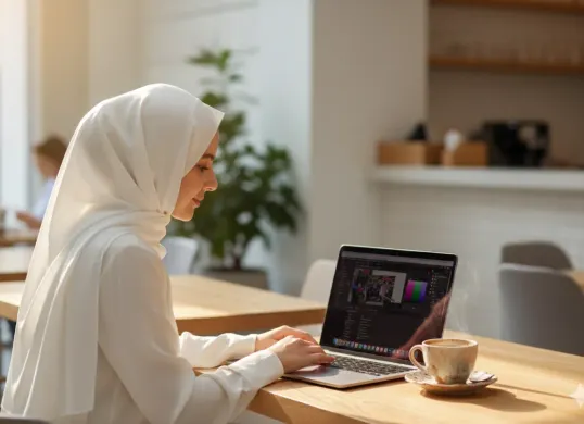 Hasil edit prompt Gemini AI wanita berhijab Work From Cafe (WFC) menggunakan MacBook Pro M4 Max jadi lebih keren. (Sumber: Freepik)