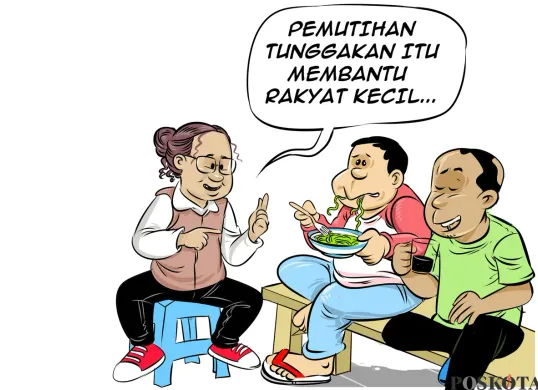 Ilustrasi tiga sahabat ngobrol santai di warteg sambil membahas program pemutihan tunggakan BPJS Kesehatan bagi peserta yang tak mampu. (Sumber: Poskota/Arif Setiadi)