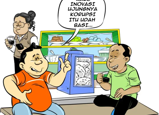 Ilustrasi obrolan di warteg yang menyinggung pentingnya inovasi pemerintahan yang bersih, bukan untuk gimik atau kepentingan pribadi, melainkan demi solusi nyata bagi masyarakat. (Sumber: Poskota/Arif Setiadi)