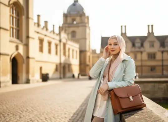 Hasil edit foto Wanita berhijab di kampus Oxford Inggris agar nampak realistis dengan bantuan prompt Gemini AI. (Sumber: Freepik)