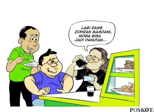 Ilustrasi obrolan di warteg soal sosok politisi muda Zohran Mamdani yang tengah jadi perbincangan dan diharapkan bisa menjadi panutan. (Sumber: Poskota/Arif Setiadi)