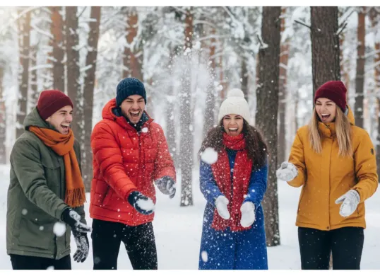 Hasil prompt Gemini AI foto bareng teman seolah benar-benar berada di tengah salju. (Sumber: Freepik)