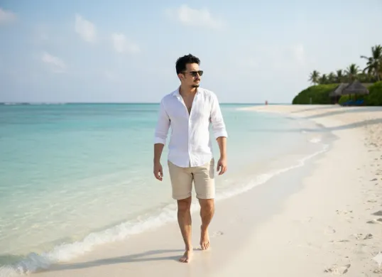 Hasil edit prompt Gemini AI foto keren cowok urban di pantai Maldives yang tampak realistis. (Sumber: Freepik/azerbaijan_stockers)