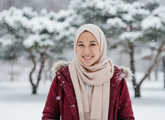 Hasil edit  prompt Gemini AI foto wanita berhijab di taman dengan suasana winter ala Korea Selatan. (Sumber: Freepik/tirachardz)