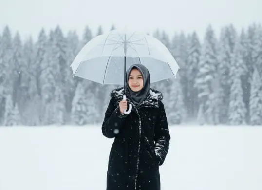 Hadil edit foto wanita berhijab di tengah salju saat musim dingin pakai prompt Gemini AI. (Sumber: Gemini AI)