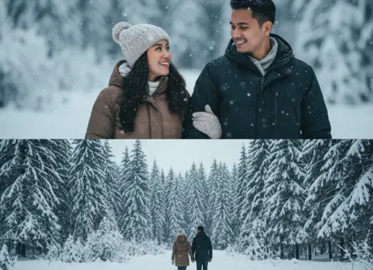 Hasil edit foto bersama pasangan dengan tema salju pakai prompt Gemini AI. (Sumber: Gemini AI)